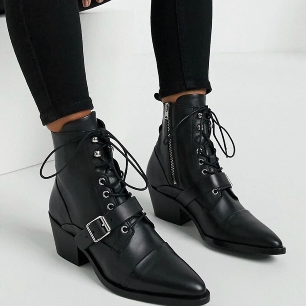 All Saints Katy Black Leather Ankle combat Boots 40
